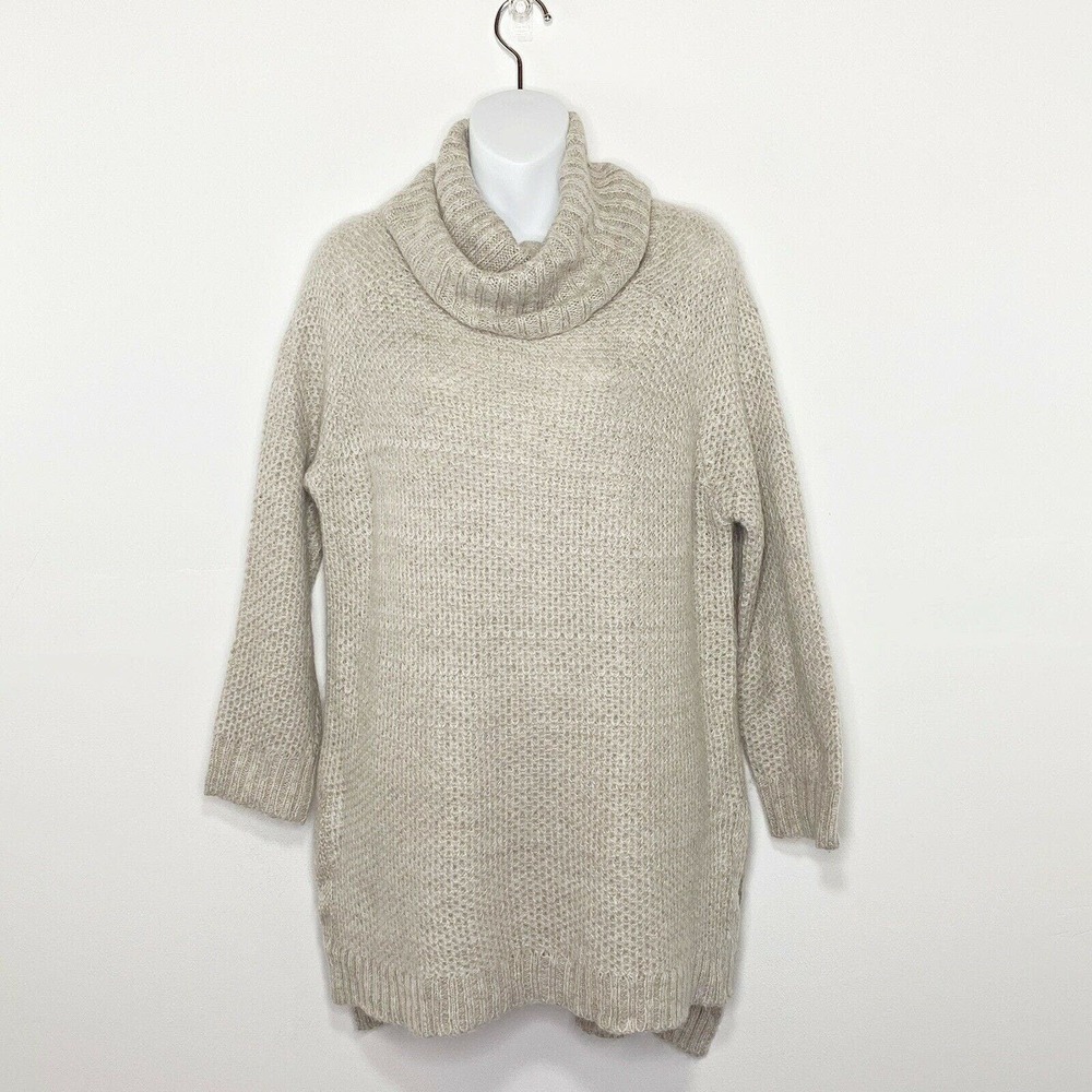 DKNYc Sz S Cowl Neck Sweater‎ Beige Pull over Hi-Low Tunic Wool/Mohair Blend